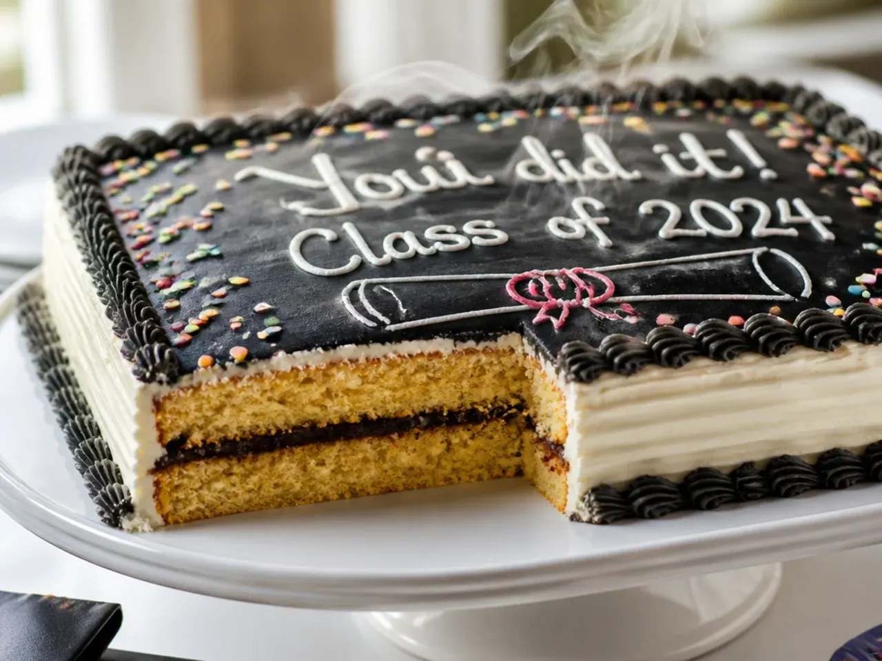 Dark chocolate buttercream sheet cake piped with a white chalkboard-style graduation message