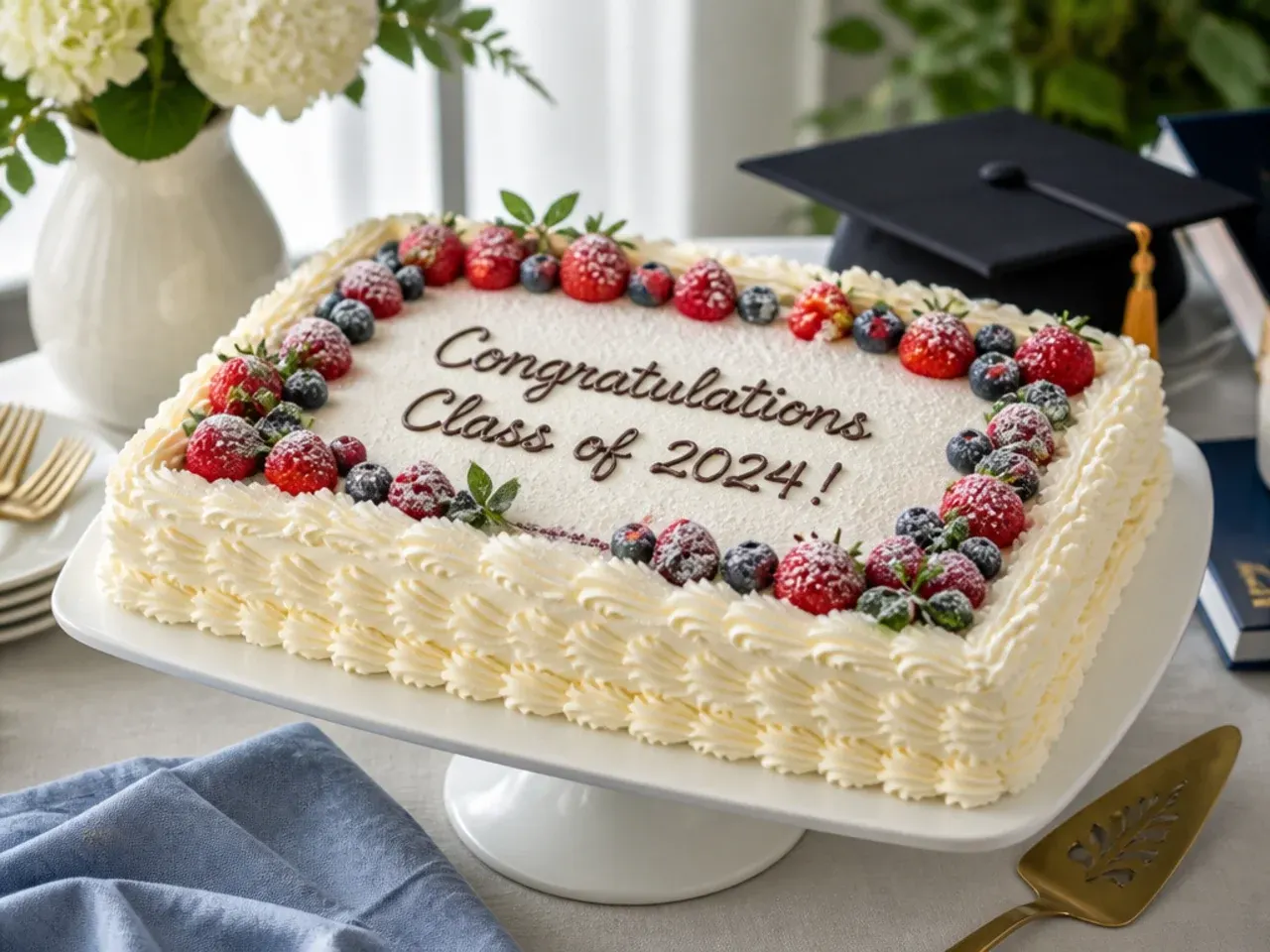 Sheet cake with a ruffled buttercream border piped around all four edges and a plain centre