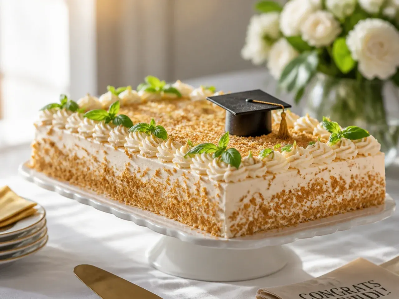 Sheet cake topped with an edible photo print of a graduate, framed with a piped buttercream border