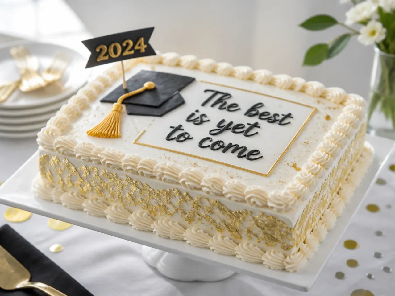 White buttercream sheet cake with torn pieces of edible gold leaf and a tassel charm topper