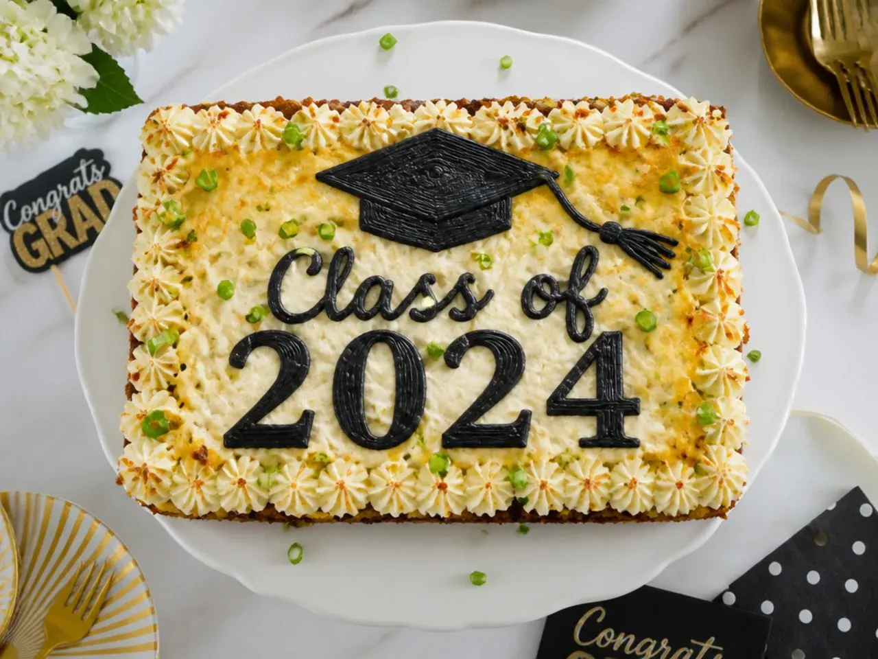 Simply piped sheet cake with a star border and hand-piped graduate name, decorated with star sprinkles