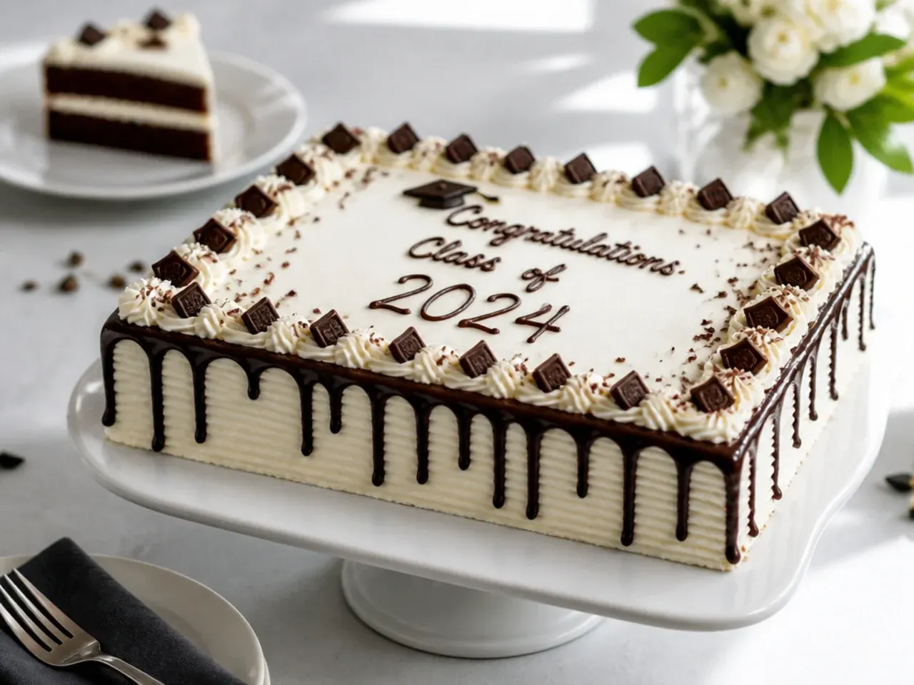 Two matching sheet cakes placed side by side on a dessert table, pre-cut into small squares