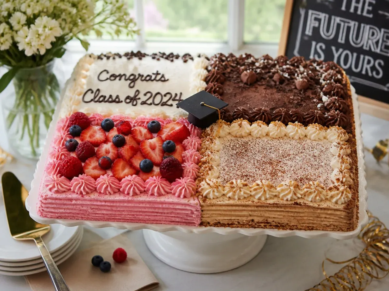 Sheet cake divided into two sections, each iced in a different school's colours with separate graduate names