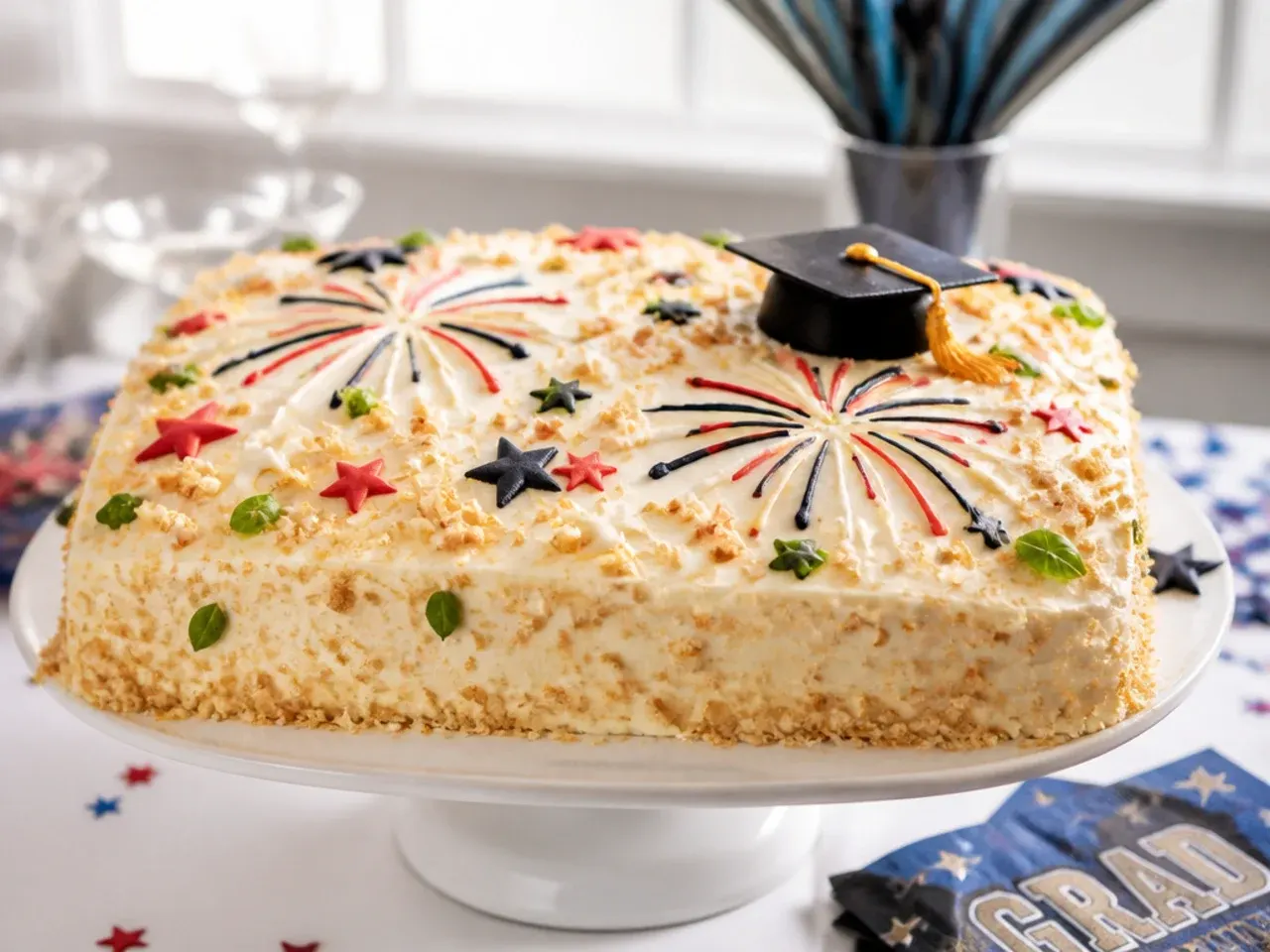 Navy buttercream sheet cake piped with white and gold firework bursts and scattered star sprinkles