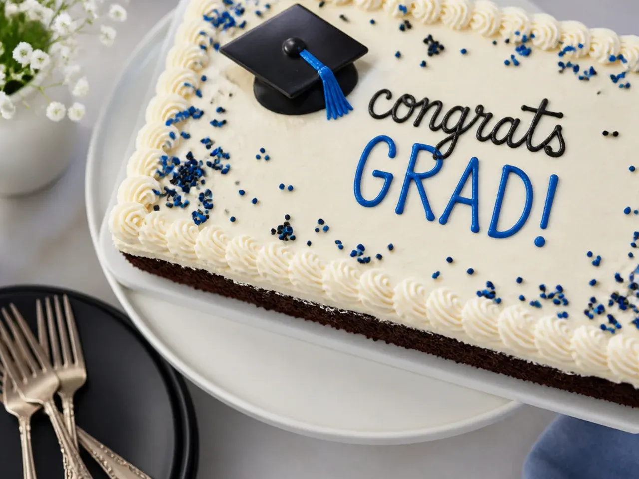 Quickly iced sheet cake with a store-bought fondant graduation cap topper