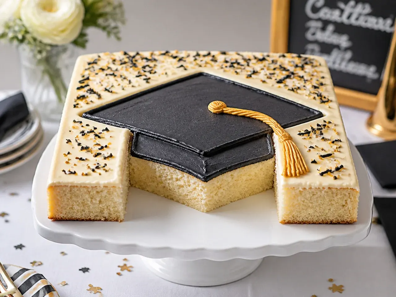 Large cake carved and iced into the shape of a graduation cap with a fondant tassel draped to one side