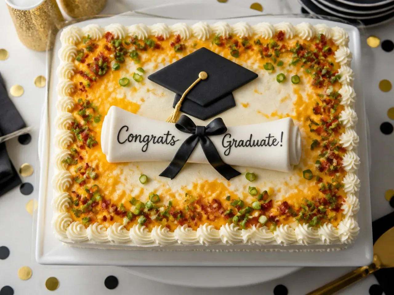 Smoothly iced sheet cake with a curled fondant diploma scroll tied with a ribbon, resting diagonally on top