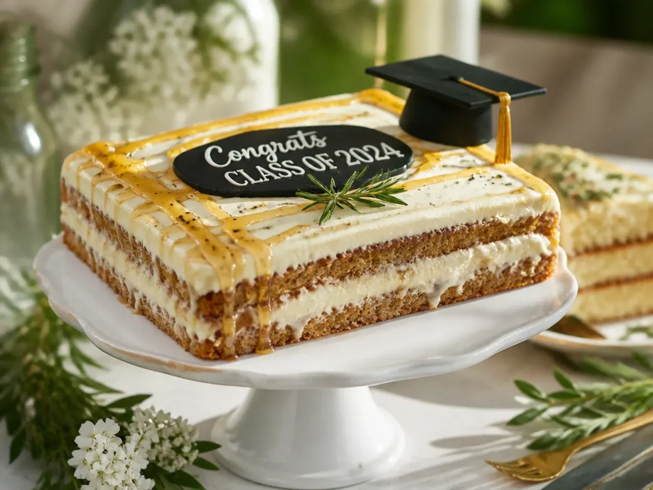 Semi-naked sheet cake with exposed sponge patches, fresh flowers along one edge and piped initials in the corner
