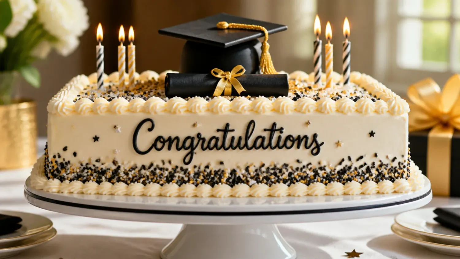 A rectangular sheet cake frosted in white buttercream with a fondant graduation cap, gold tassel and piped diploma scroll on top