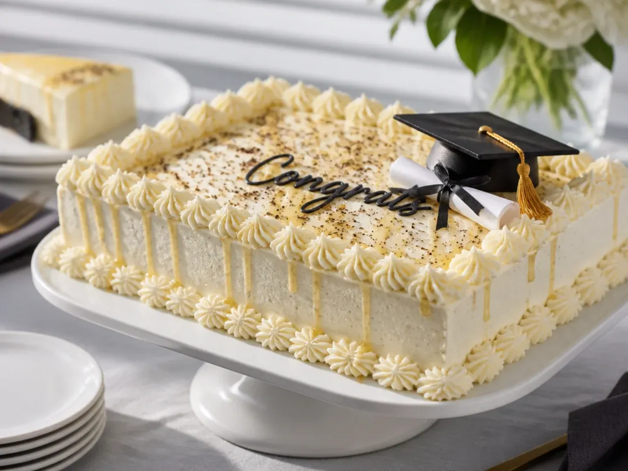 White sheet cake with a simple piped shell border and the graduate's name written in gold gel icing