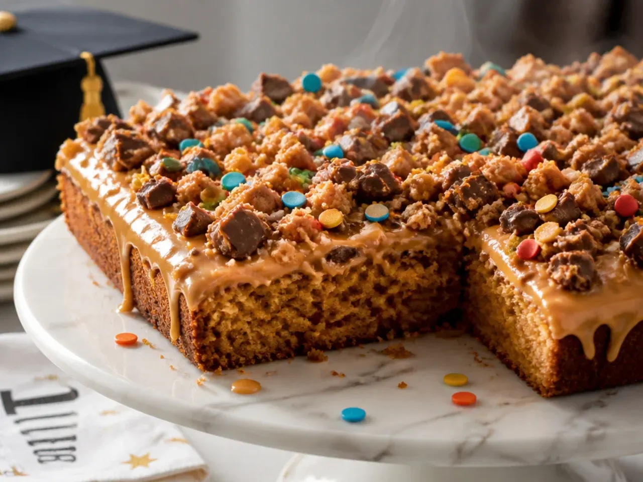 Sheet cake with caramel buttercream, a zigzag caramel drizzle and crushed toffee scattered in one corner