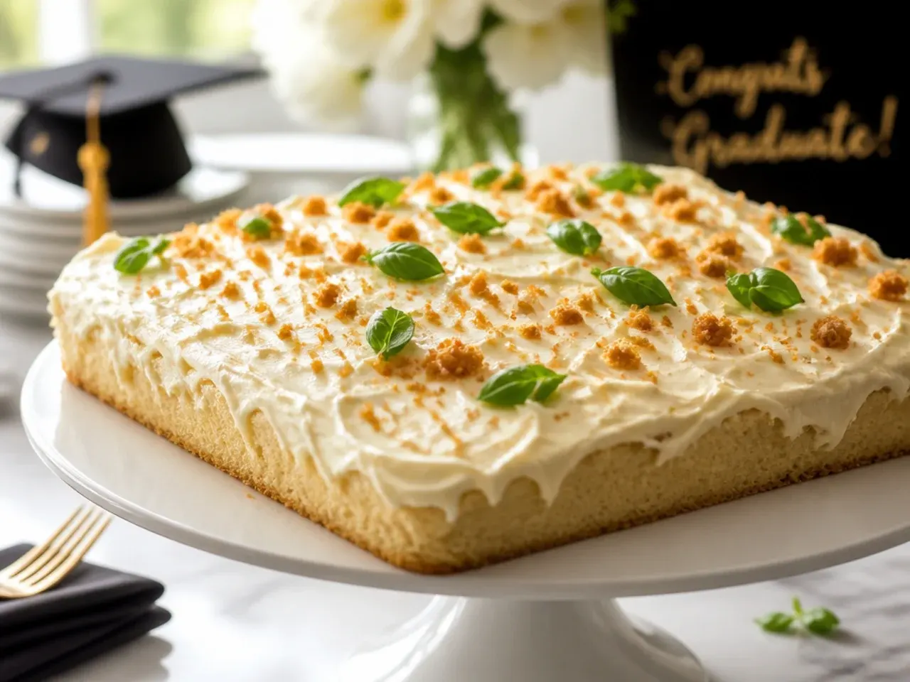Sheet cake with softly swirled pale cream cheese frosting and a light dusting of gold sprinkles