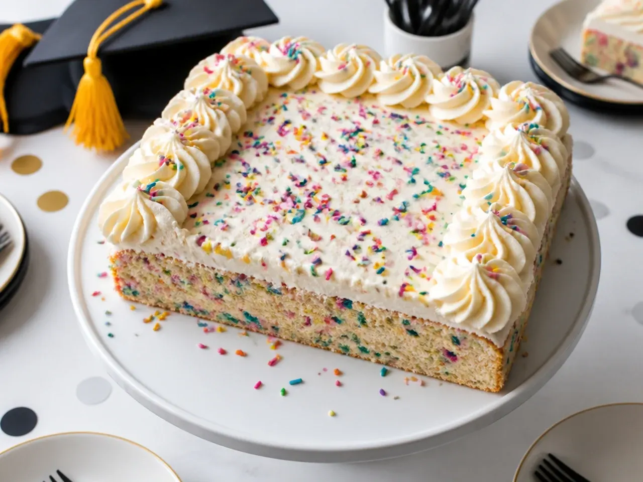 Sliced sheet cake showing a confetti sponge full of rainbow sprinkles under plain white buttercream