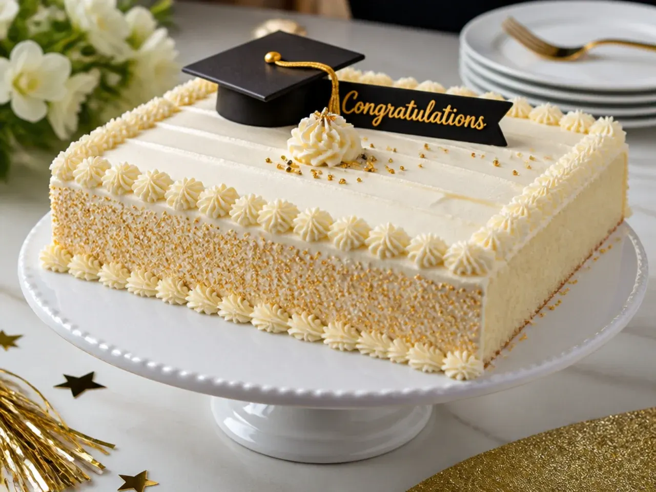 Rich vanilla sheet cake with visible vanilla bean flecks, frosted smooth and topped with a fondant graduation cap