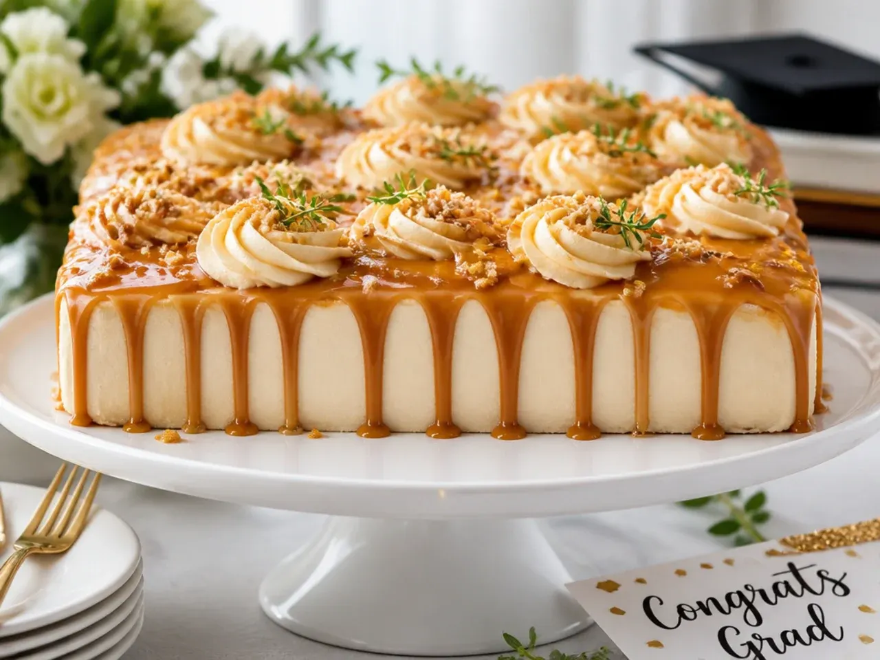 Sheet cake with caramel buttercream and caramel drips running down the sides, finished with flaky sea salt