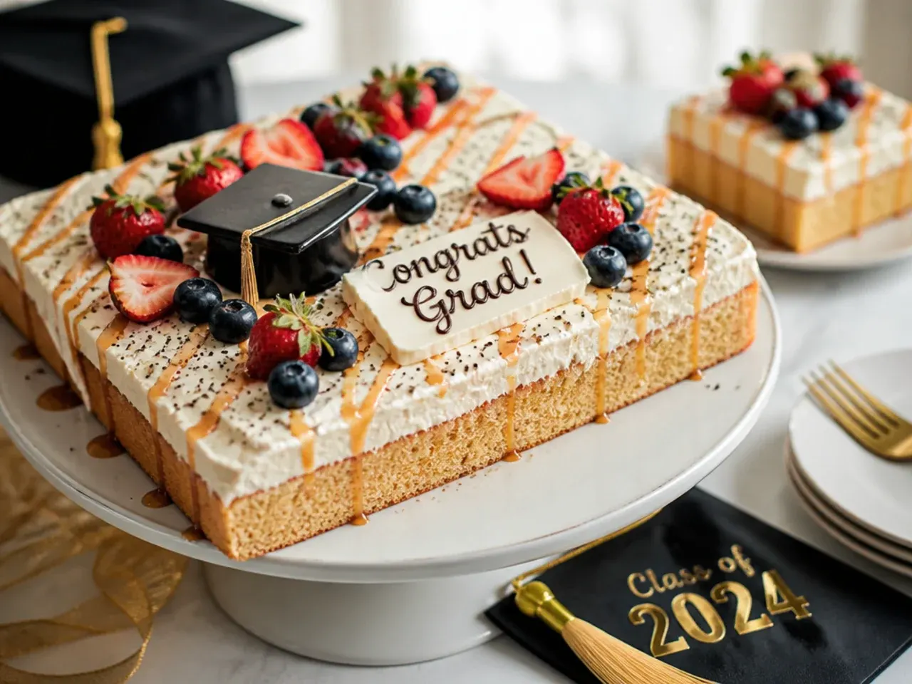 Two matching graduation sheet cakes placed side by side on a dessert table, pre-cut into squares