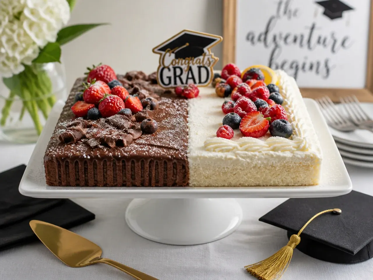 Sliced sheet cake showing a clean vertical split between vanilla and chocolate sponge under one frosting colour