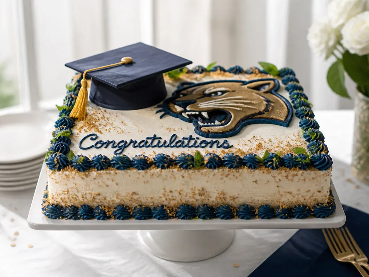 Sheet cake topped with a handmade black fondant graduation cap with a gold tassel and piped year message