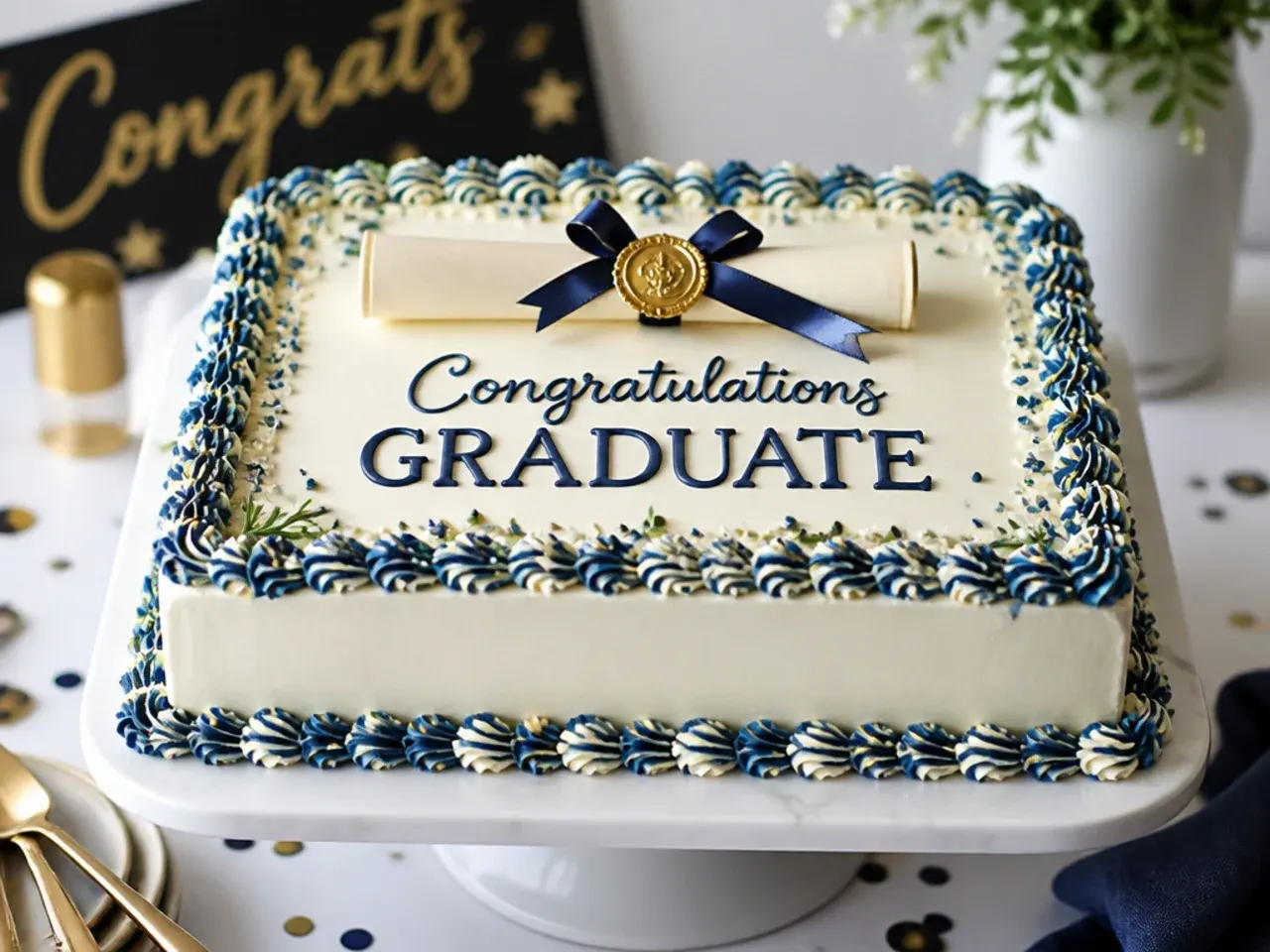 Sheet cake with a realistic piped ivory diploma scroll tied with a coloured ribbon on a plain white background