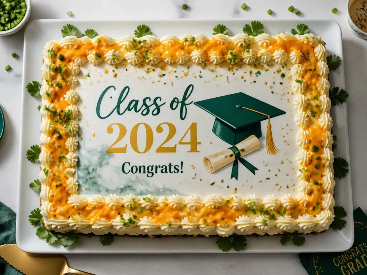 Sheet cake with a framed edible photo topper of the graduate centred on smooth white buttercream
