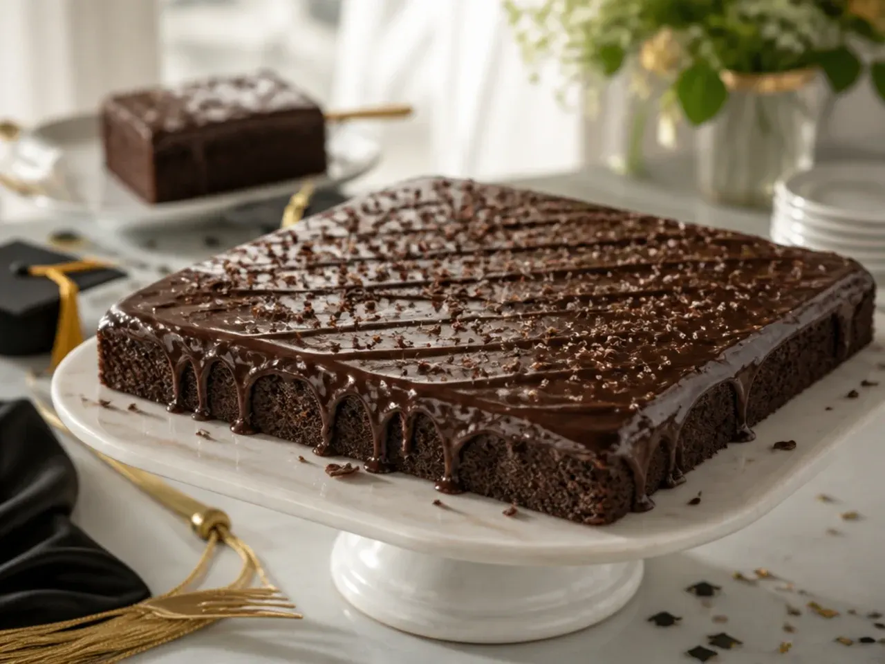 Sheet cake with glossy poured chocolate ganache and a scatter of chopped nuts around one edge