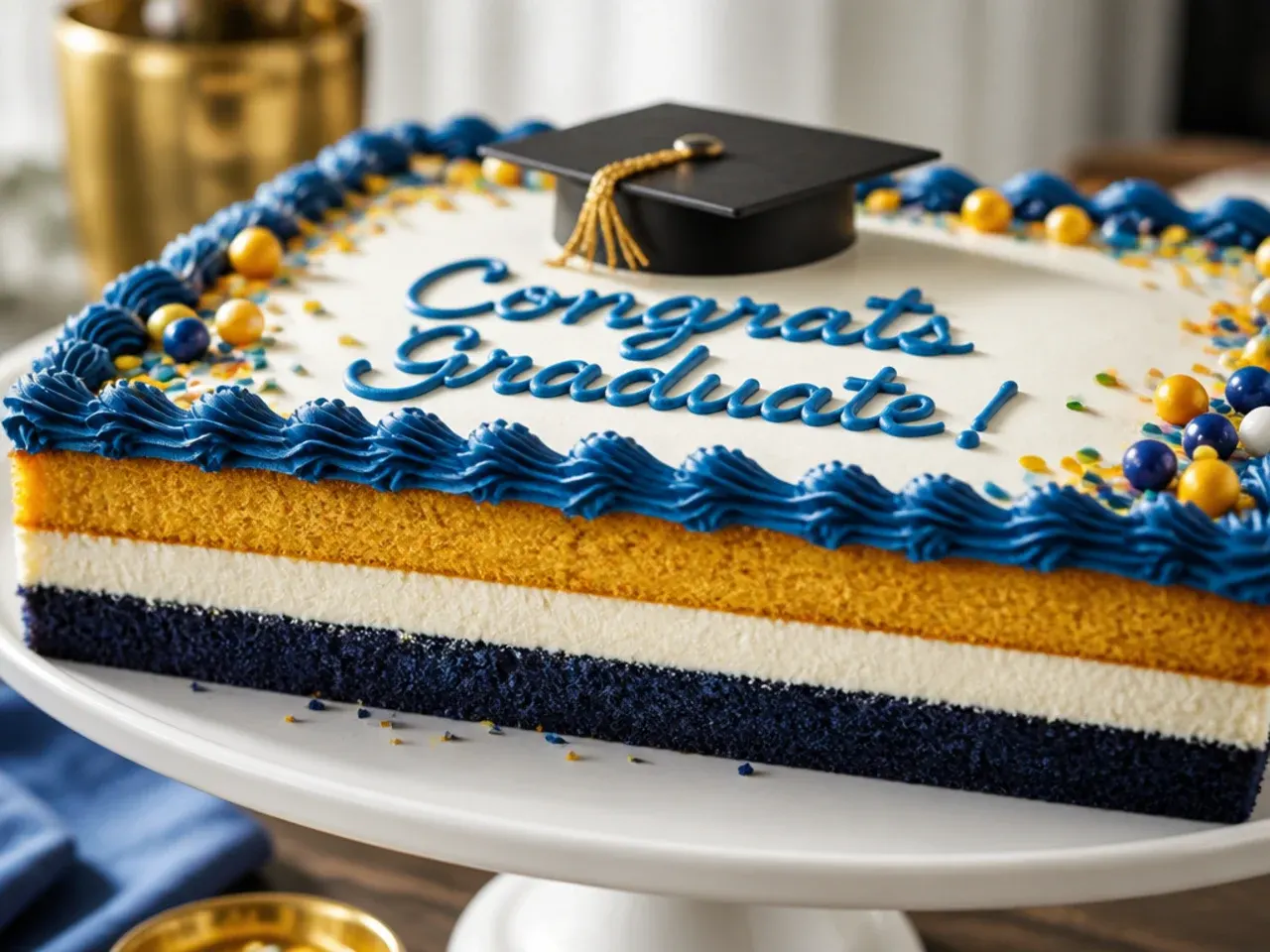 Sheet cake with alternating two-tone piped buttercream stripes across a plain white base