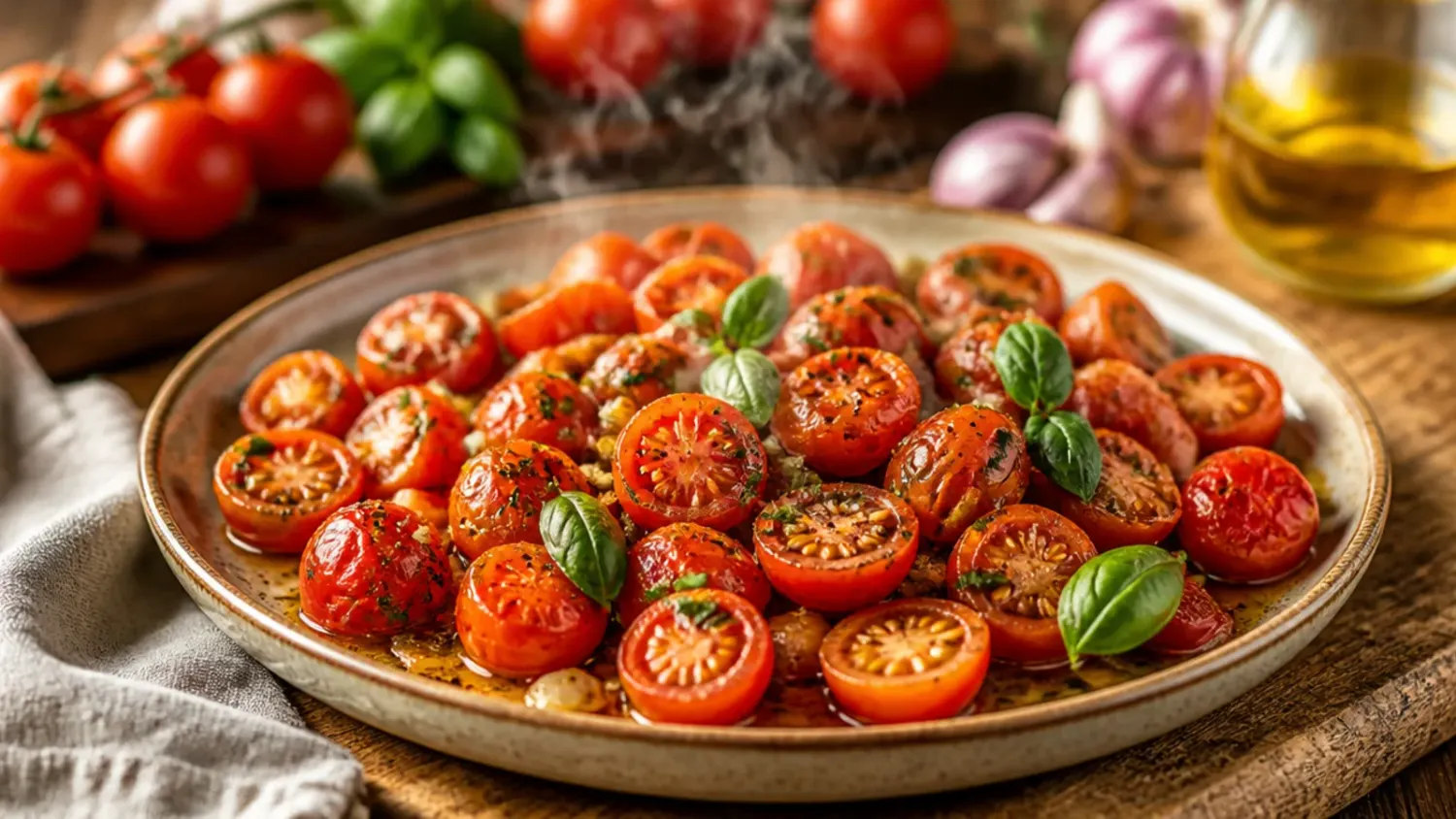 Overhead shot of grape tomato recipes spread across a table, including roasted tomato pasta, a caprese salad, and a bowl of blistered tomatoes
