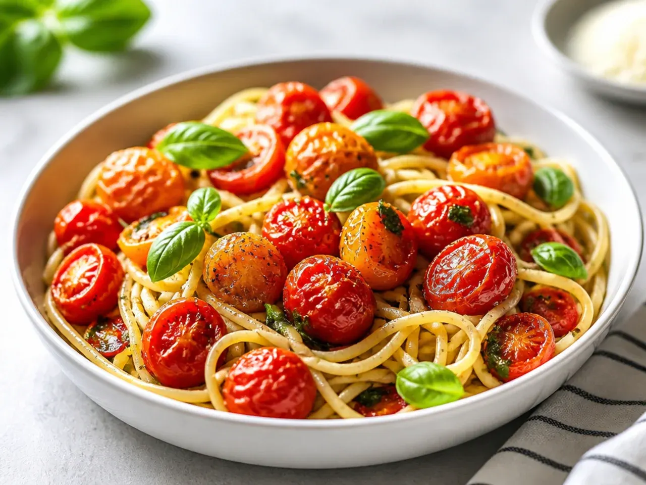 Colourful spread of grape tomato recipes on a rustic wooden table, including pasta, salad, and roasted tomatoes