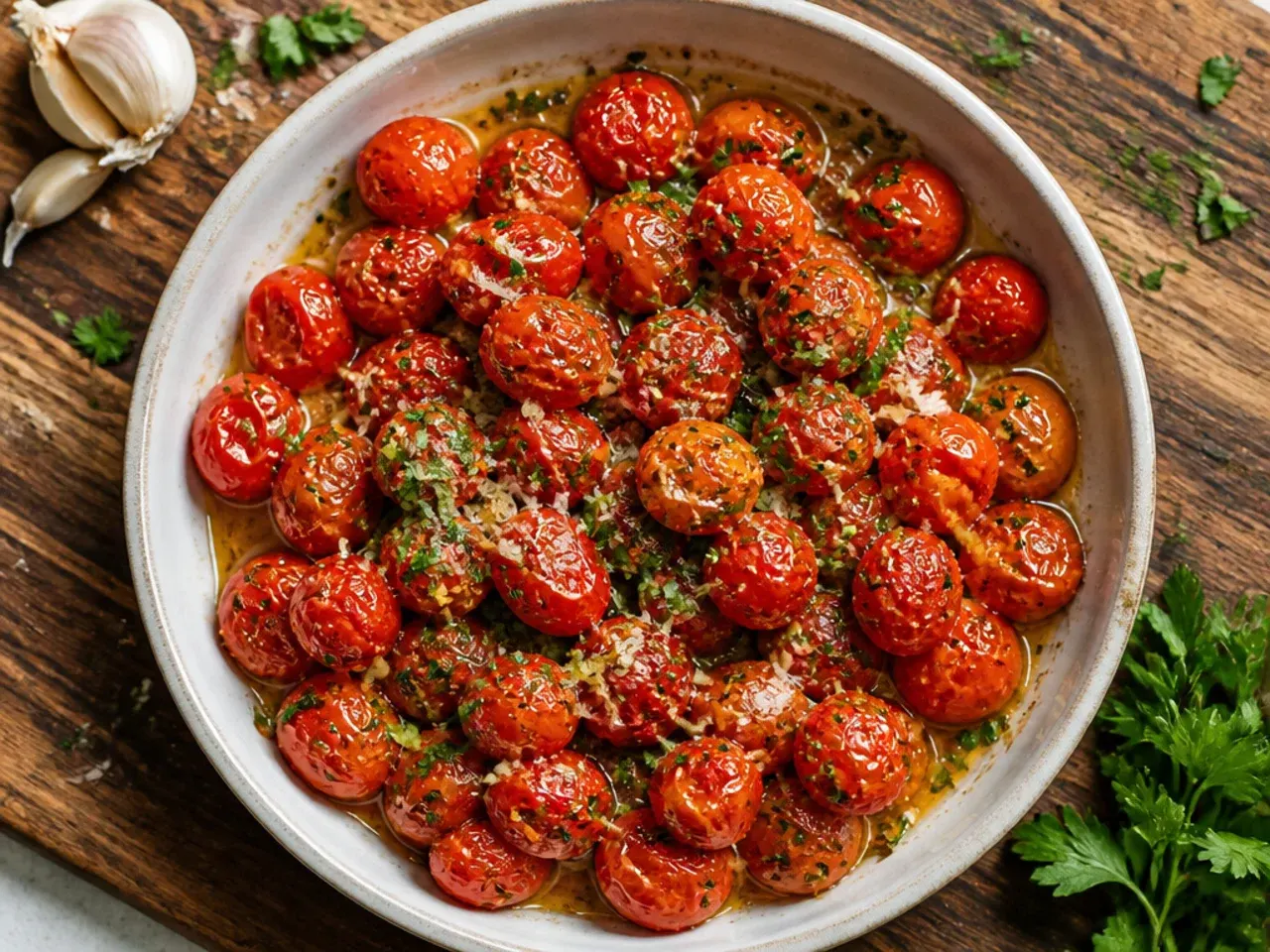 Tray of garlic-roasted grape tomatoes with blistered, golden skins fresh from the oven
