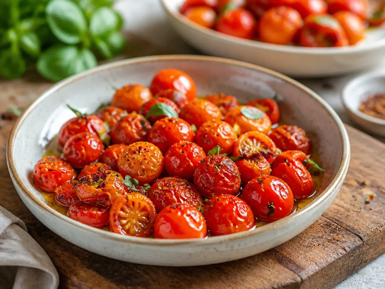 Skillet of charred, blistered grape tomatoes with flaky salt