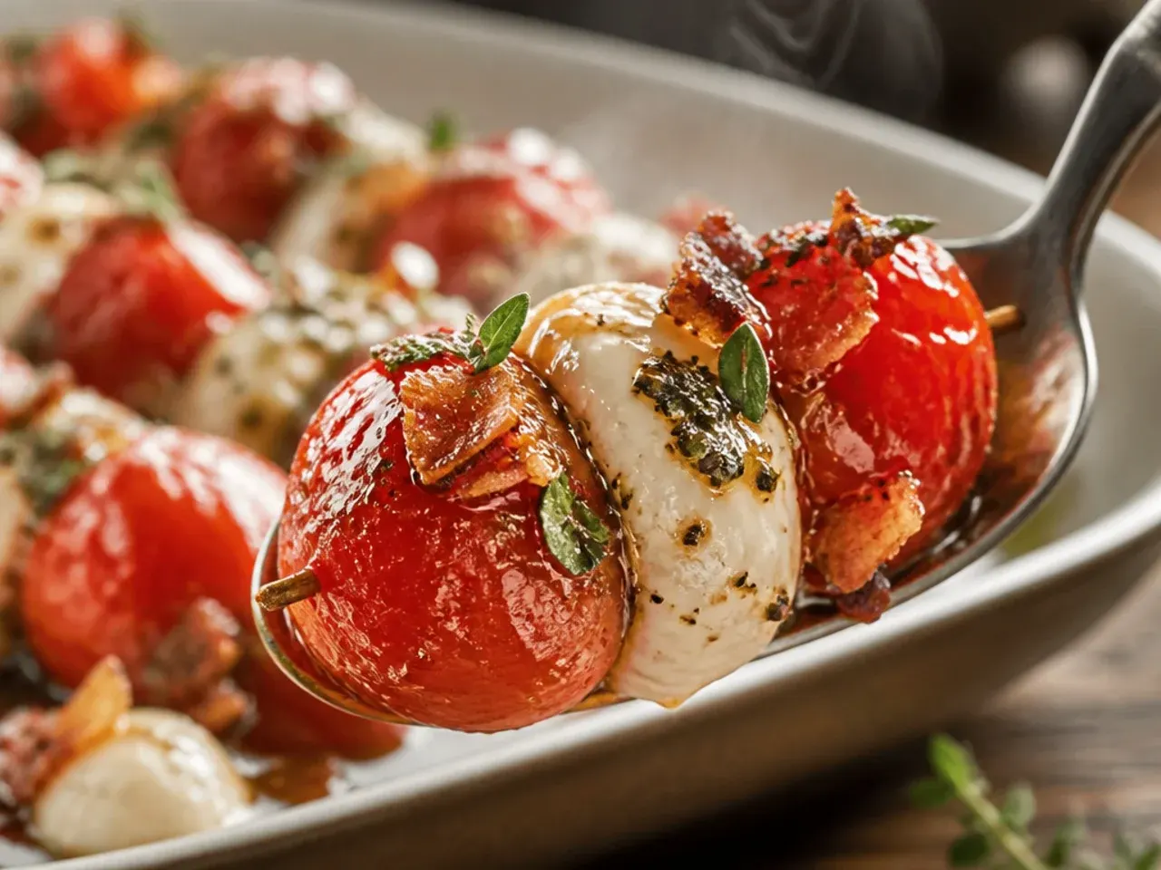 Grape tomato and bocconcini caprese skewers drizzled with balsamic glaze