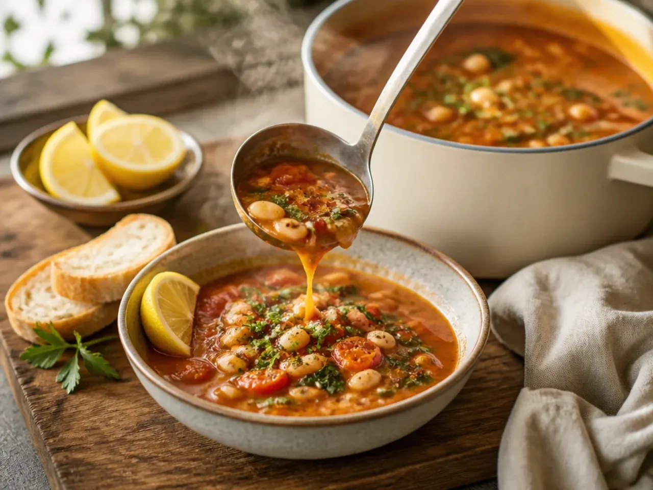 Bowl of creamy grape tomato and white bean soup topped with cracked pepper