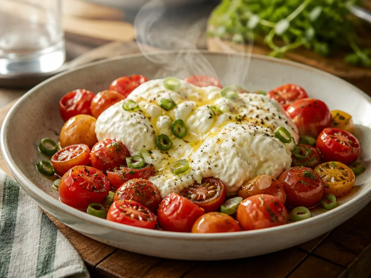 Whole burrata cheese surrounded by marinated grape tomatoes and fresh basil