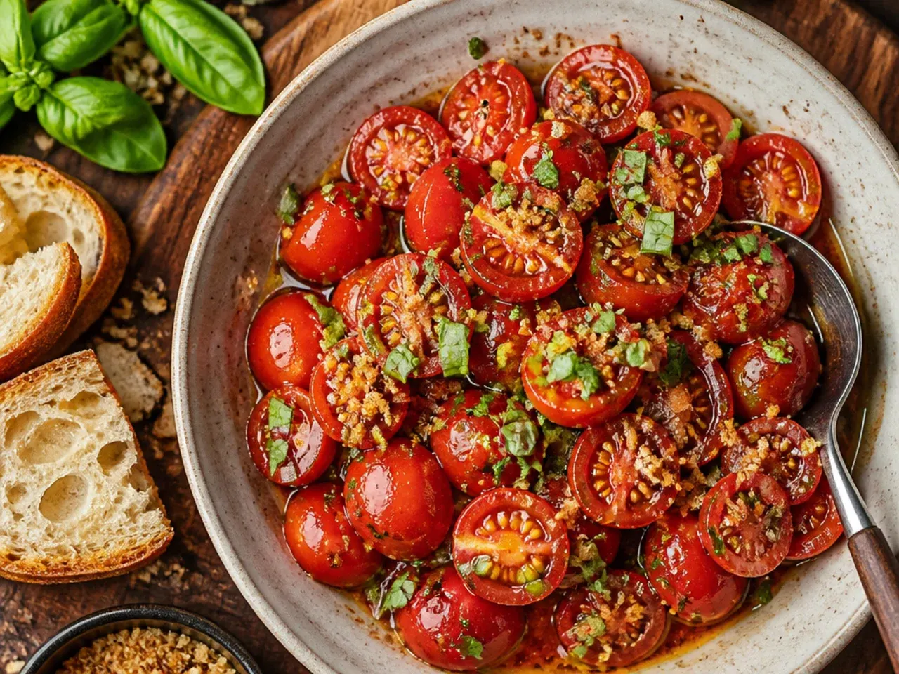 Bowl of grape tomatoes marinating in a balsamic and olive oil dressing