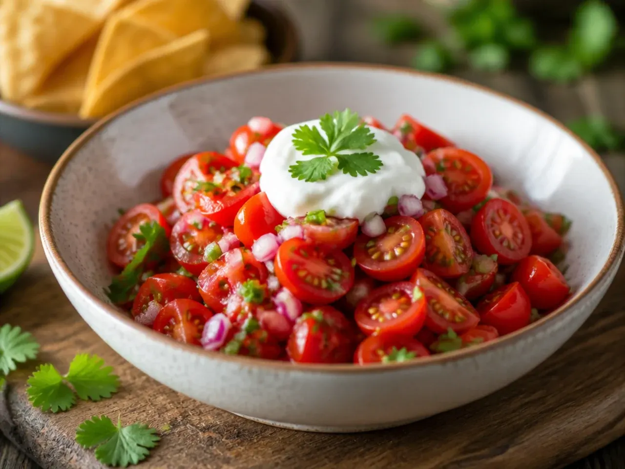 Chunky grape tomato salsa in a molcajete with tortilla chips