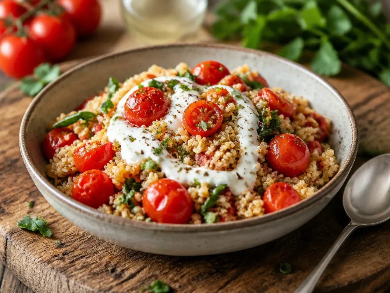 Quinoa bowl topped with roasted grape tomatoes, cucumber, and lemon-tahini dressing