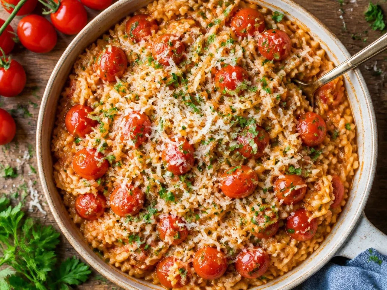 Skillet of rice, black beans, and grape tomatoes topped with melted cheese