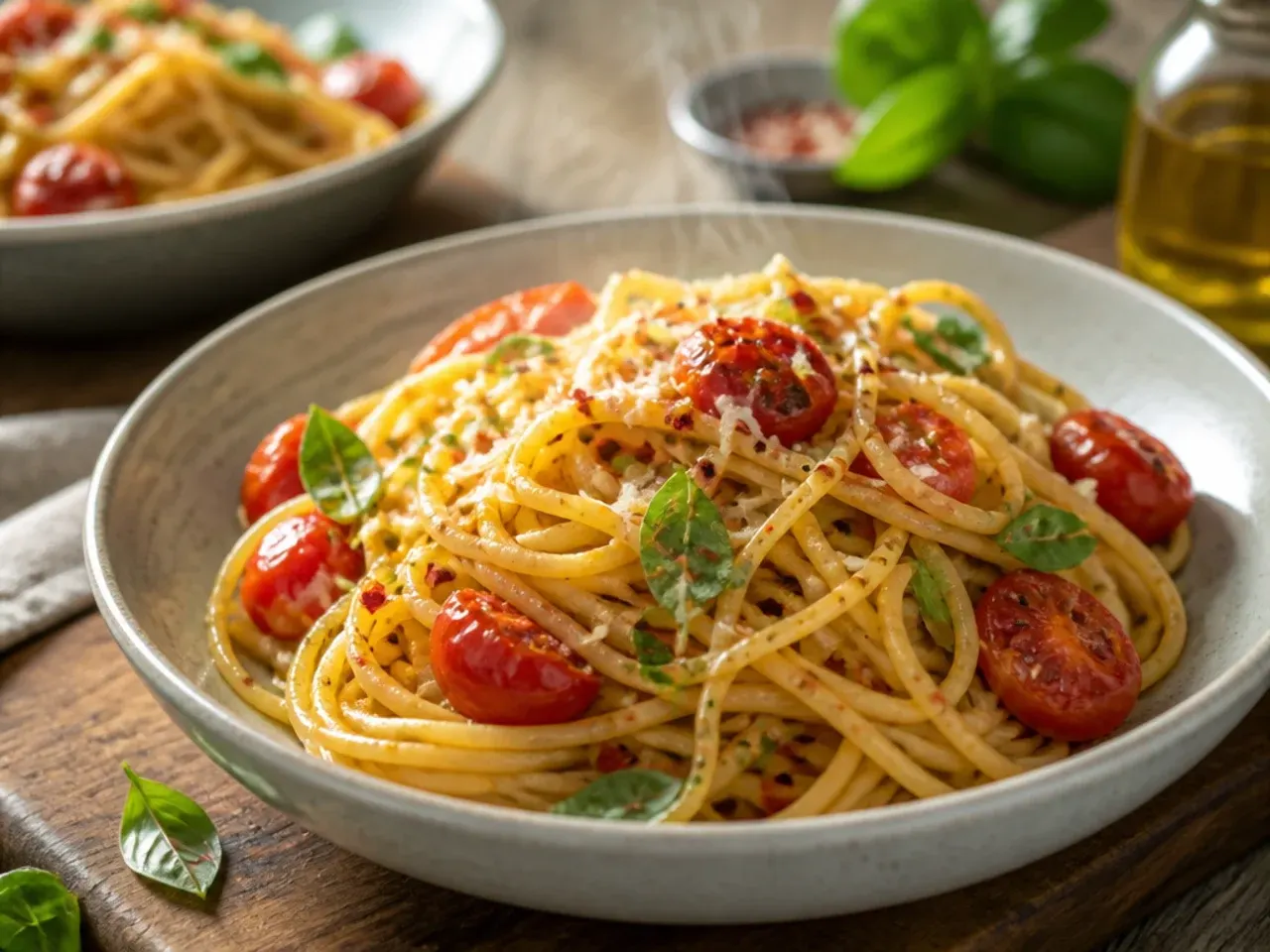 Bowl of spaghetti tossed with roasted grape tomatoes, basil, and Parmesan