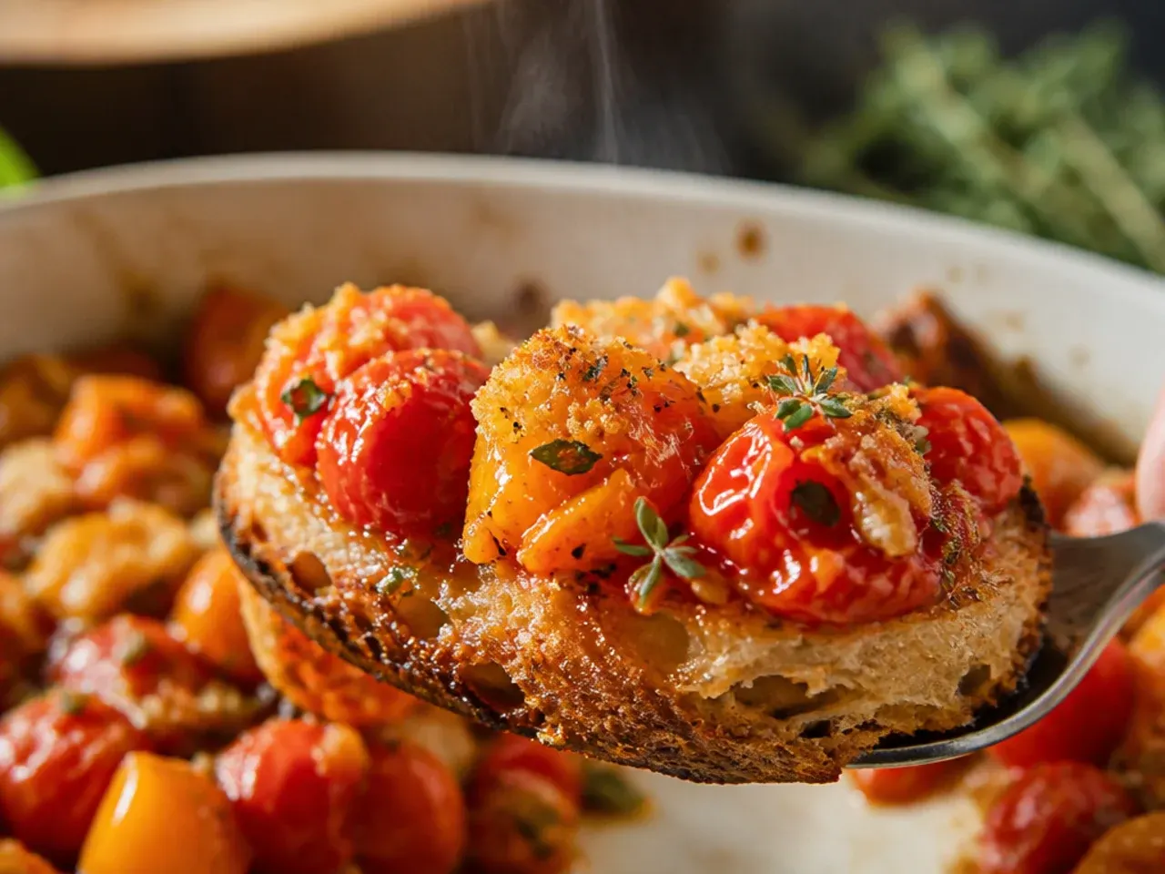 Toasted baguette slices topped with diced grape tomato and basil bruschetta