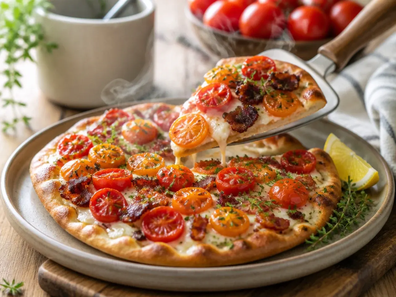 Flatbread topped with melted mozzarella, grape tomatoes, and crispy bacon