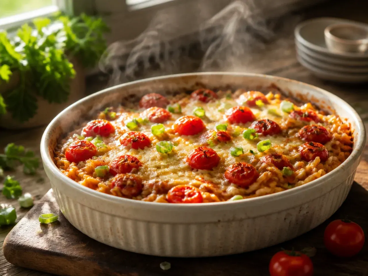 Baking dish of orzo, grape tomatoes, and melted feta fresh from the oven