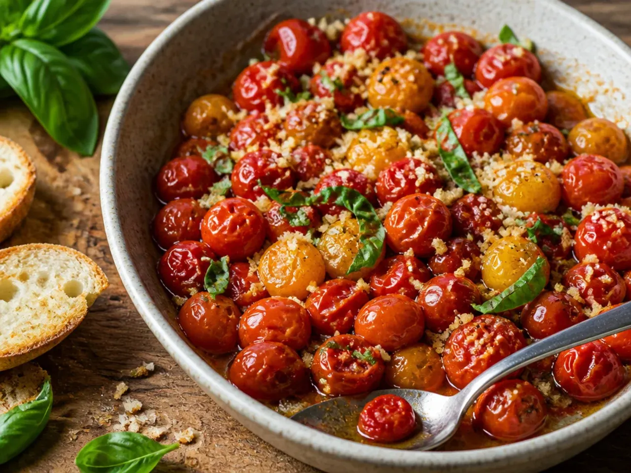 Jar of grape tomatoes confit in olive oil with garlic and thyme