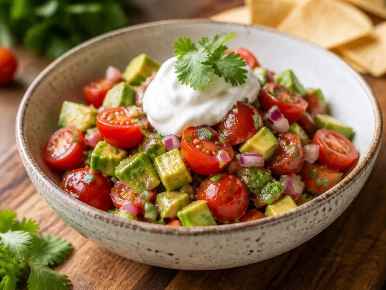 Bowl of diced grape tomato and avocado salsa with lime wedges