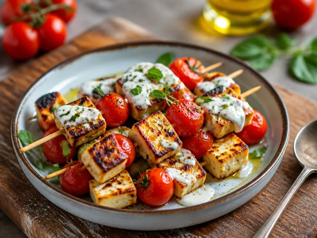 Grilled skewers of grape tomatoes, halloumi, and red onion