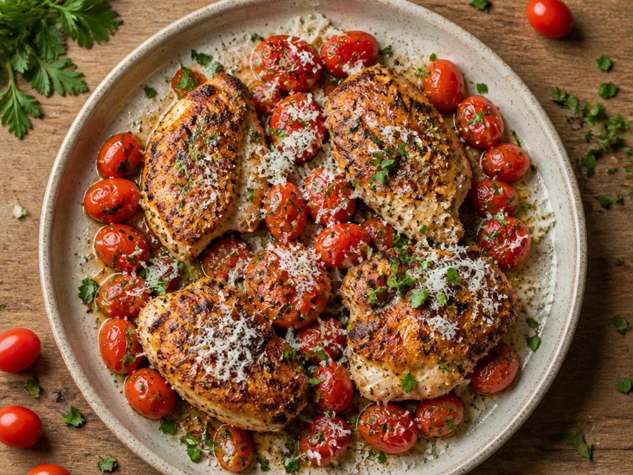 Sheet pan of roasted chicken thighs and burst grape tomatoes