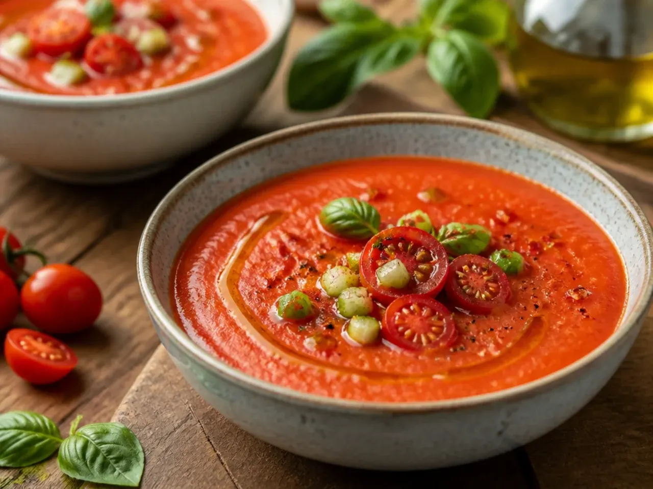 Chilled bowl of grape tomato gazpacho garnished with diced vegetables