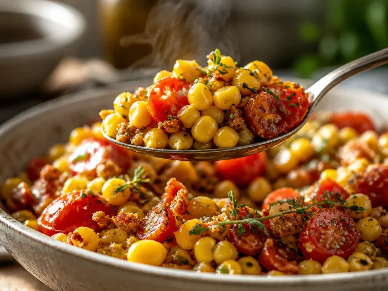 Bowl of grape tomatoes, grilled corn, and red onion salad
