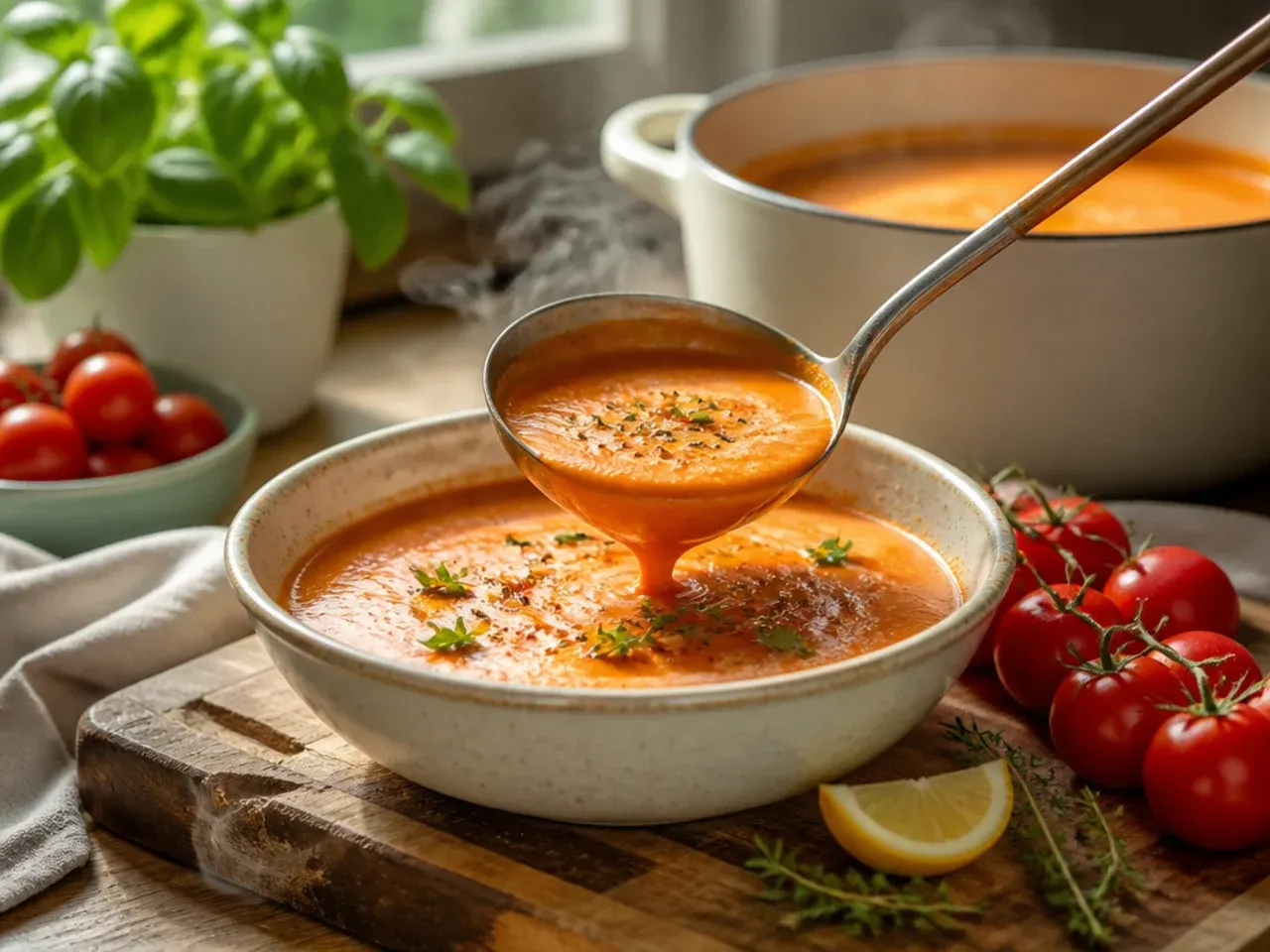 Bowl of creamy grape tomato soup swirled with cream and basil