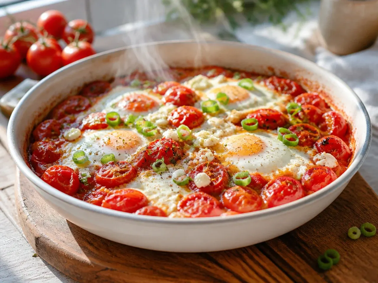 Skillet of shakshuka with eggs poached in a grape tomato sauce