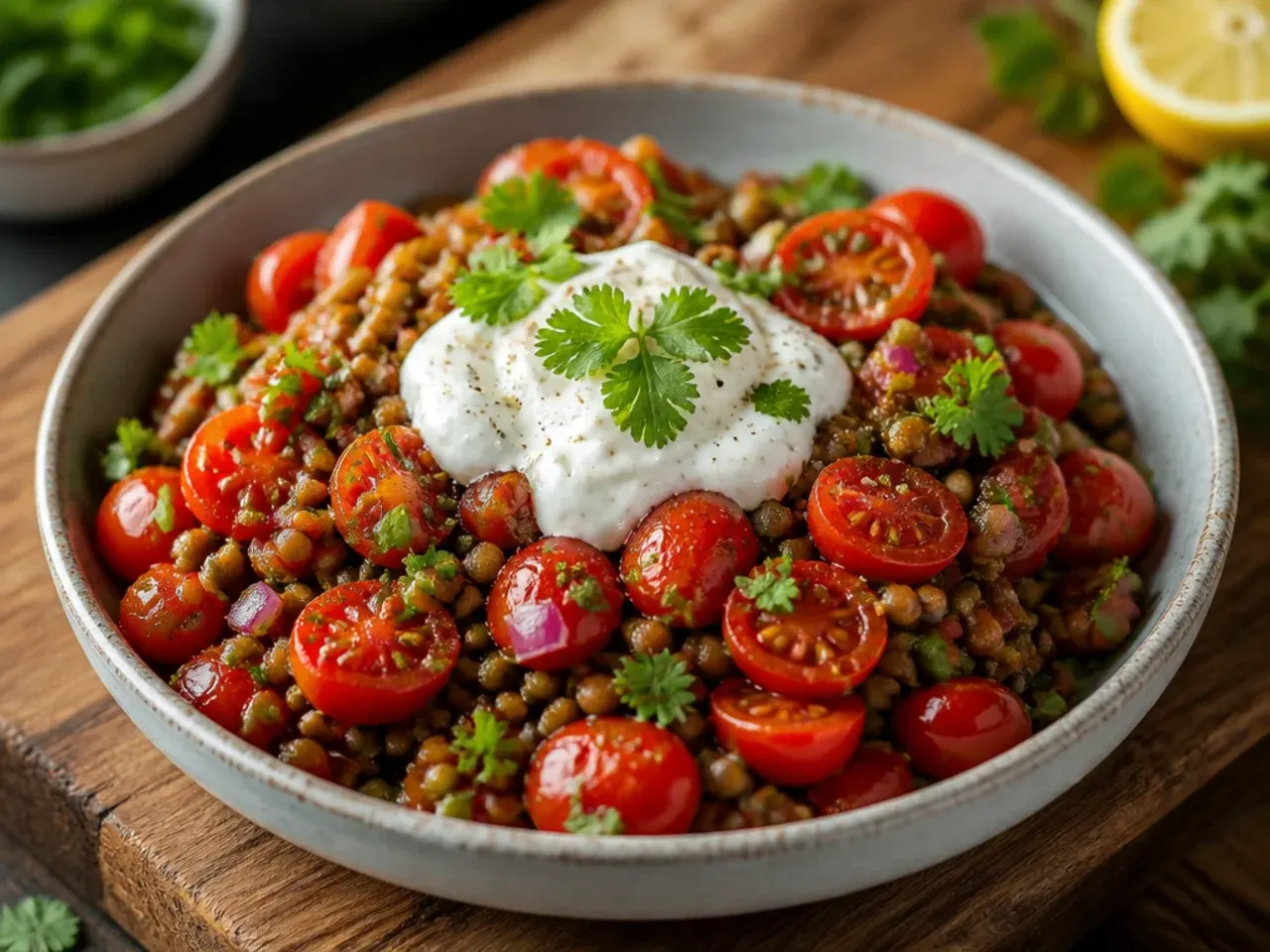 Bowl of green lentils and grape tomatoes tossed in a mustard vinaigrette